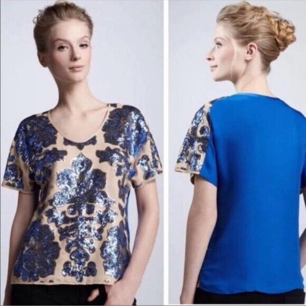 Tracy Reese Top XS Neiman Marcus‎ Target Sequined Blue Blouse Gold Short Sleeve
